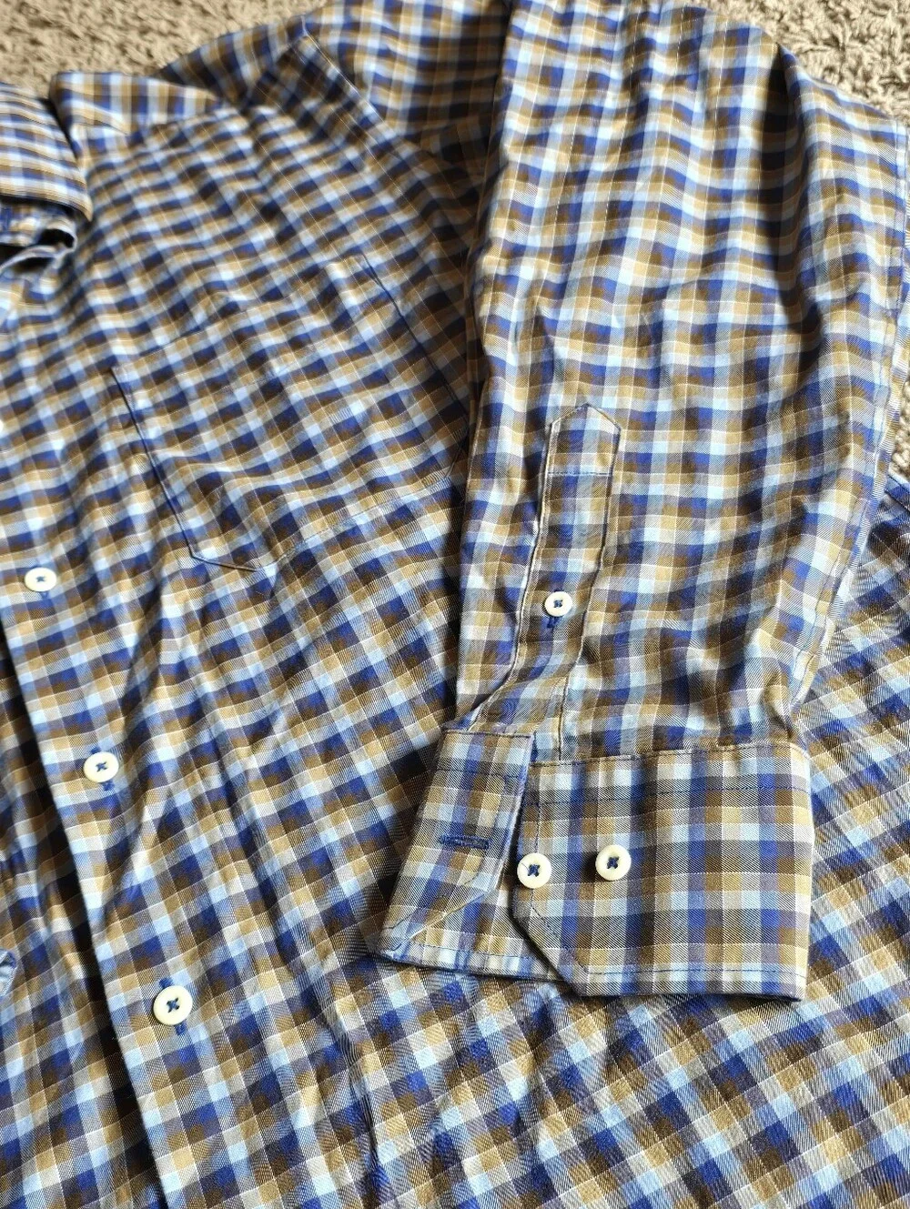 David Donahue Men's Size L Cotton Plaid Button Up Dress Shirt Blue Gold Khaki